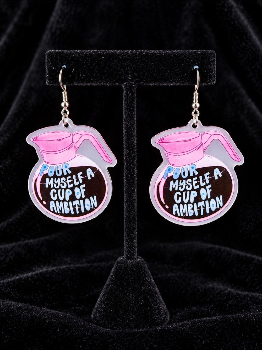 Pink Coffee Pot 'Pour Myself a Cup of Ambition' Dangle Acrylic Earrings